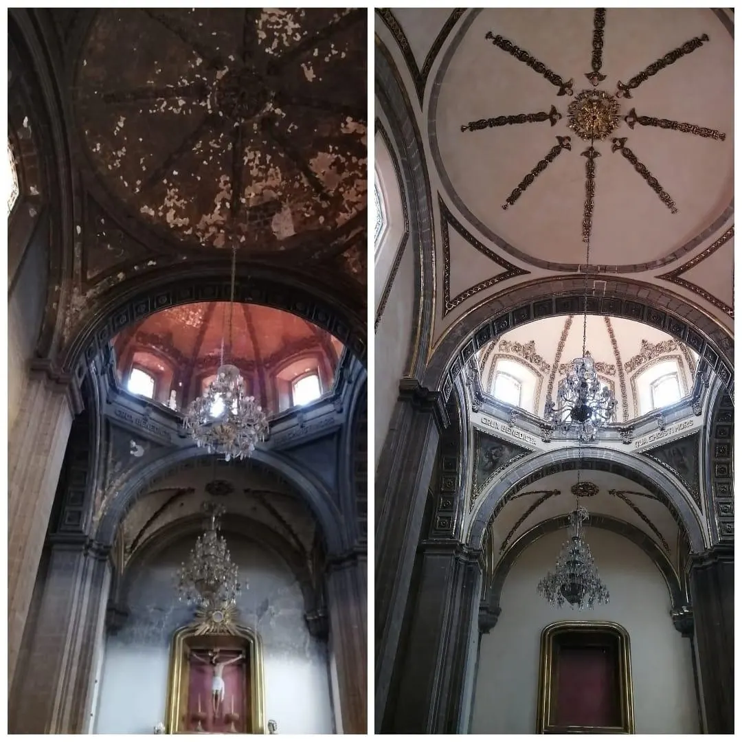 Comparación del antes y después de la restauración de la cúpula y el presbiterio de un templo